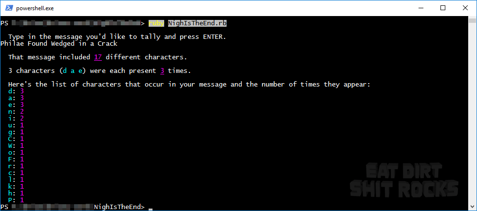 Ruby script for tallying the number of each letter or number in a string and reporting some helpful figures.