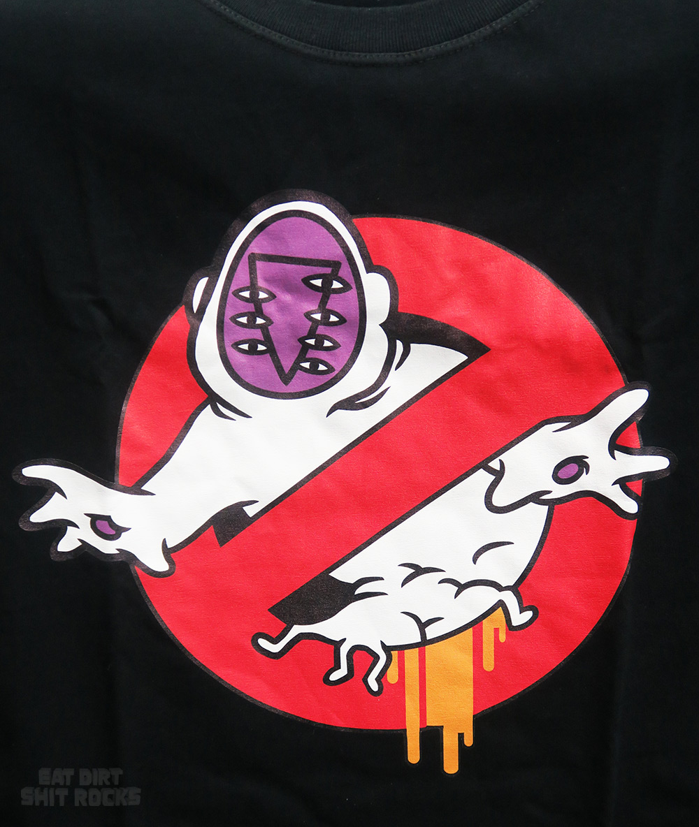 Evangelion x Ghostbusters mashup desin on a t-shirt..