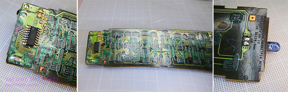 An almost-complete view of the button-contacts side of the remote control PCB.