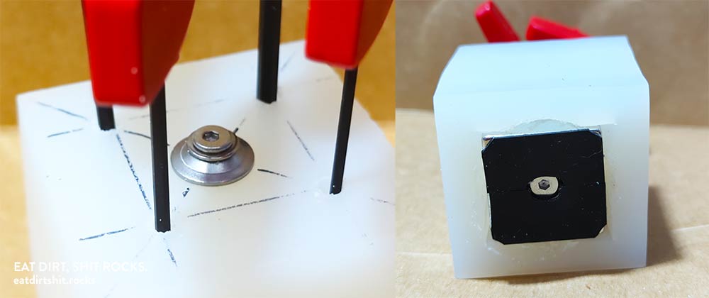 Some details of yours truly's humble handiwork on the hex key holder, made from a square-ish block of translucent white silicone rubber.