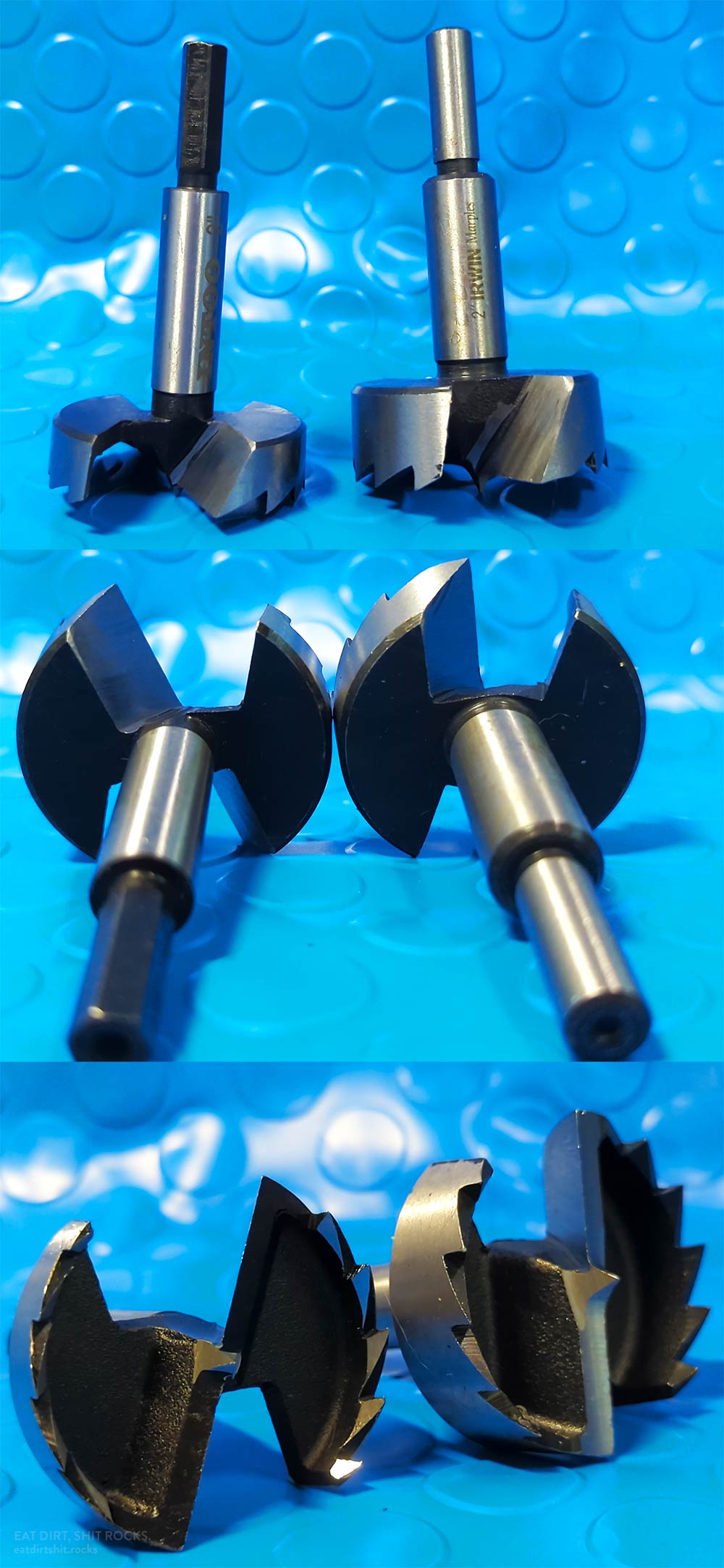 Side-by-side images of the 2-inch Forstner bit from both carbon-steel Forstner bit sets: 2-inch Intoo Forstner bit (LEFT) and the 2-inch Irwin Forstner bit (RIGHT).