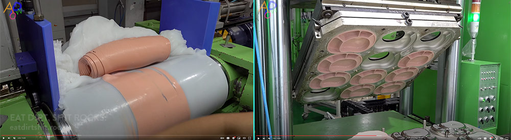 Screen captures of some frames from the most recent APoW video showing putty-like plain translucent white silicone being colored and the children's meal trays coming out of the vacuum-forming mold.